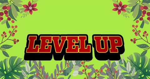 Bold 'level up' text with floral accents on green background