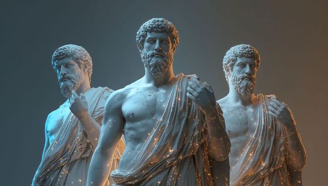 Triad of classical marble statues wearing draped togas with golden flecks and rim lighting