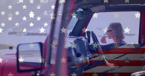 American Patriotism: Woman by Car with USA Flag Overlay at Beach