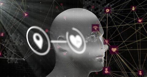 Futuristic digital network connections around human head