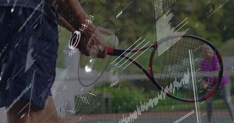 Senior tennis player with racket and digital analytics overlay