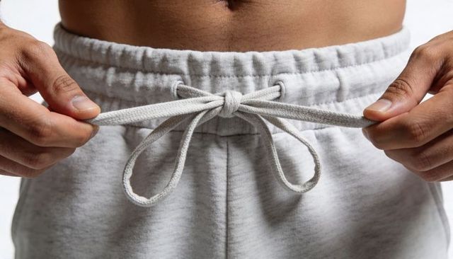 Close-up man tying light gray sweatpants drawstring on bare torso for casual comfort