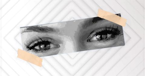 Monochrome eyes wall art taped rectangular print over geometric white panel minimal decor