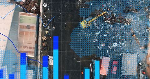 Drone View of Industrial Wasteyard with Superimposed Global Finance Graphics