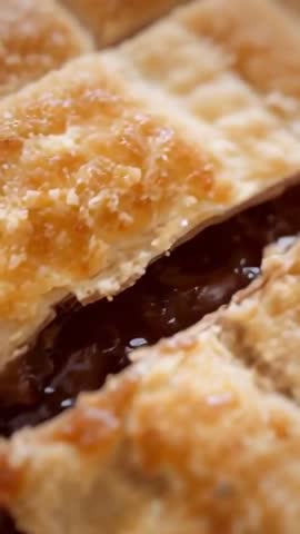 Vertical food video panning over lattice jam tart showcasing caramelized golden crust macro
