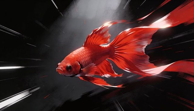 Crimson ornamental goldfish gliding with flowing fins and painterly light streaks in dark void