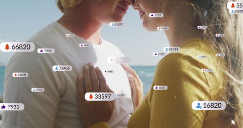 Young couple embracing with social media connections overlay