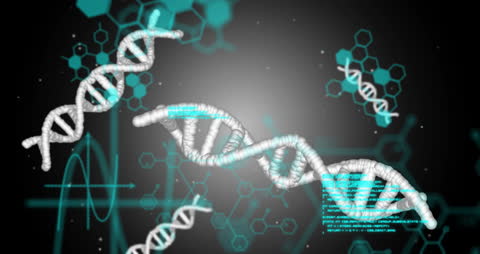 DNA Strands with Digital Data Overlay on Abstract Background