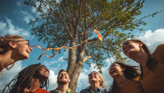 Friends laughing under tree watching colorful kite tails fluttering against clear blue sky