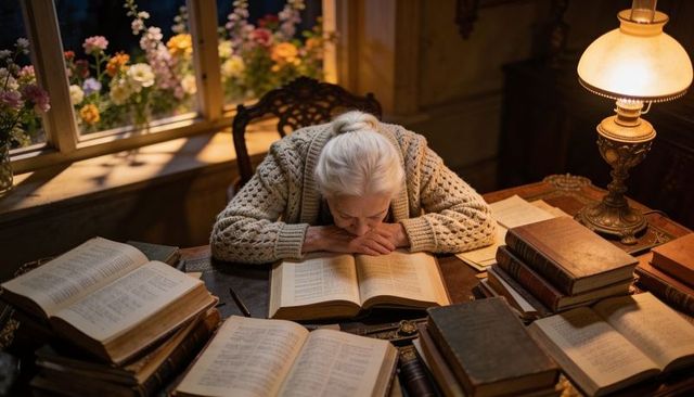 Elderly woman resting over open book at antique desk, warm lamp illuminating vintage study