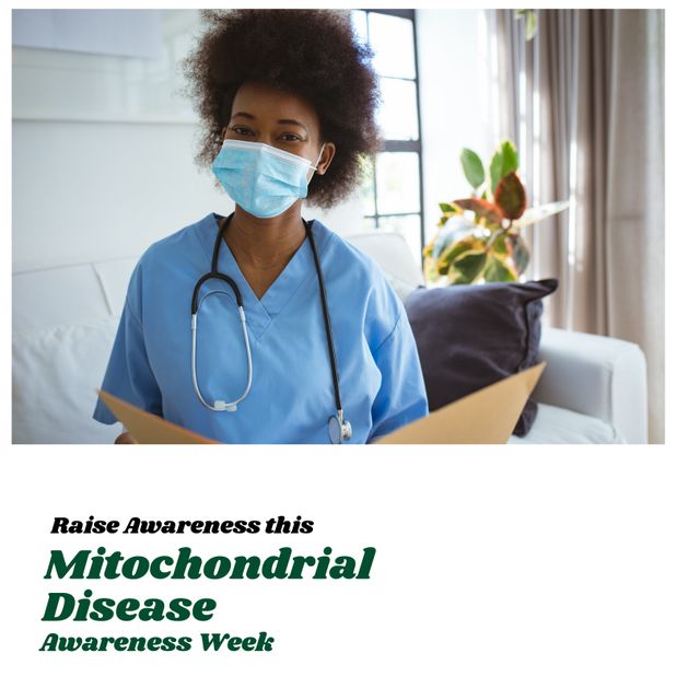 African american doctor wearing mask and raise awareness this mitochondrial disease awareness week. Text, composite, protection, cell organelle, energy, support, healthcare and prevention, covid.