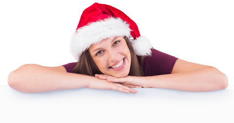 Smiling Woman in Santa Hat Leaning on Transparent Banner