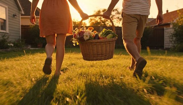 Couple carrying wicker basket of fresh produce and flowers across backyard at sunset