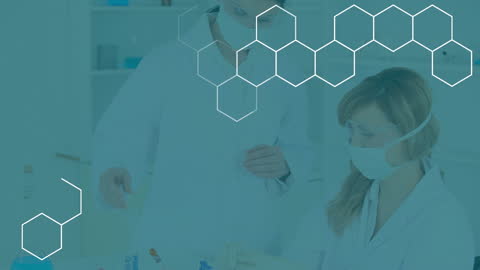 Diverse Scientists in Lab with Futuristic Hexagon Overlay