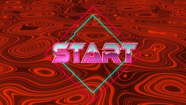 This vibrant, retro-style digital video showcases a neon 'START' sign with colorful neon squares overlaid on a red, swirling lava background. Ideal for use in game development projects, retro tech advertisements, or digital interface designs, it conveys an energetic, futuristic vibe perfect for modern, innovative concepts.