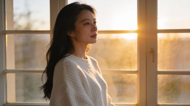 Woman gazing through window at golden hour wearing white knit sweater backlit portrait