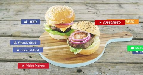 Gourmet Burgers on Rustic Cutting Board with Digital Notifications