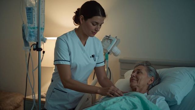 Compassionate nurse checking elderly patient at bedside with iv pump in calm hospital room