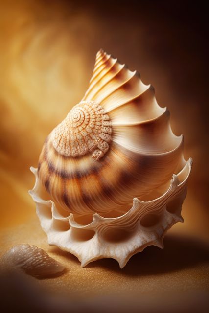 Beautiful image focusing on the detailed texture and pattern of an ornate seashell set against a sandy backdrop. Great for use in decorative art, nature articles, marine biology publications, or beach-themed projects.