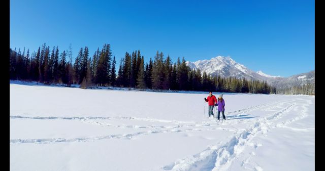 Couple enjoying snowshoeing on a sunny winter day in a picturesque mountain setting. Majestic snow-covered peaks and a clear blue sky form a stunning backdrop. Ideal for promoting winter sports, outdoor activities, travel, tourism, and romantic getaways. Suitable for travel agencies, outdoor adventure catalogs, winter holiday advertisements, and nature enthusiasts.