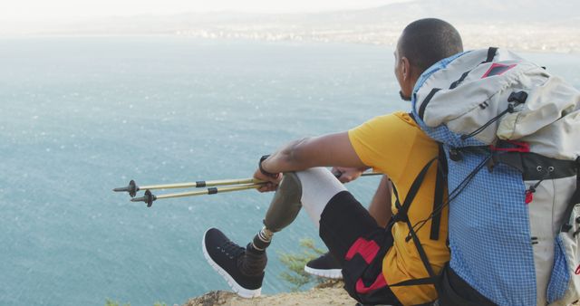 Amputee Adventure Hiker Enjoying Ocean View - Download Free Stock Images Pikwizard.com