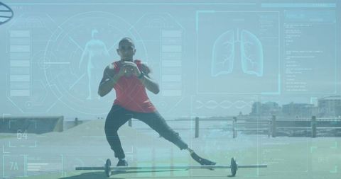 Athlete with prosthetic leg practicing side lunge on waterfront deck