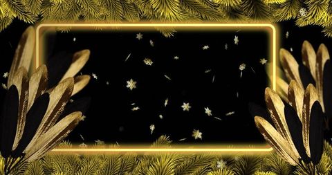 Glowing gold neon frame with ornate feathers and pine border for luxury holiday banner