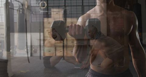 Double Exposure Strength Training Curling Hex Dumbbell Shirtless Athlete in Warehouse Gym