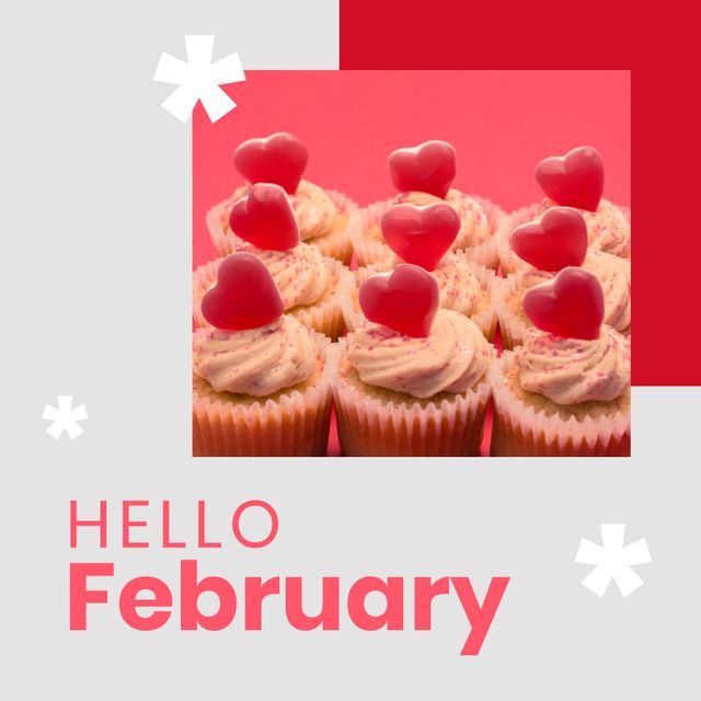 Composition of hello february text over cupcakes and hearts - Download Free Stock Videos Pikwizard.com