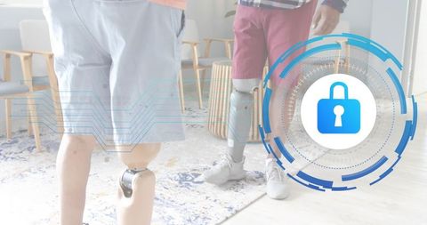 Two men adjusting below-knee prosthetic legs in rehab lounge with HUD lock overlay