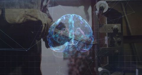 Technician Operating Machine with Holographic Brain Overlay