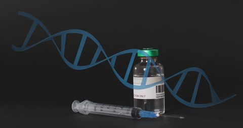 Vaccine syringe with dna strand in medical research concept