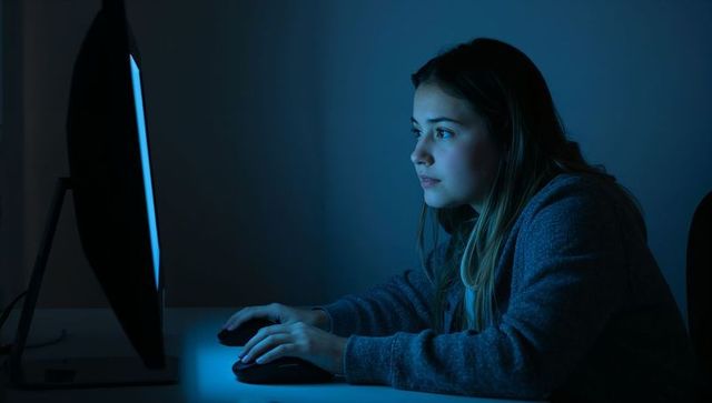 Late-night studying teen girl typing on desktop under blue monitor glow