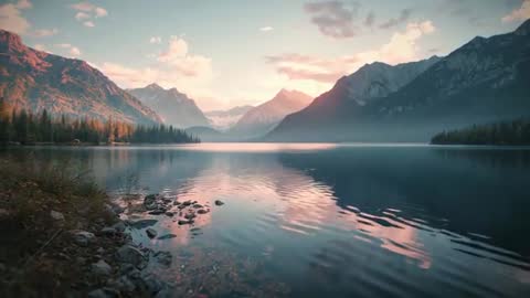Scenic Alpine Dusk with Mountains and Tranquil Lake Reflection