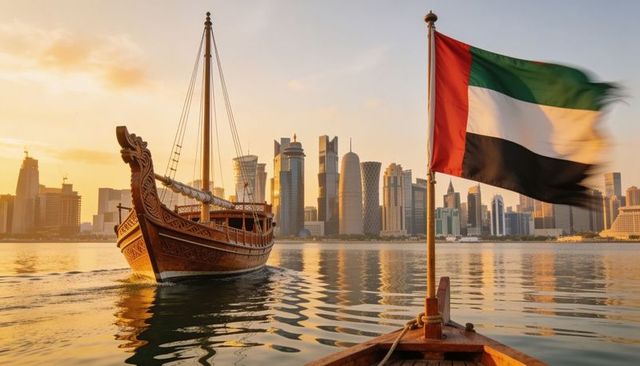 Traditional carved wooden dhow sailing past modern skyline at golden hour with uae flag
