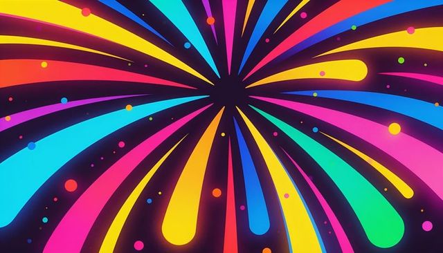 Neon rainbow burst radiating from center with teardrop rays and floating confetti dots