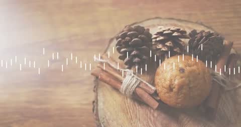 Rustic Symphony Visualizer with Muffin and Pine Cones on Wooden Table