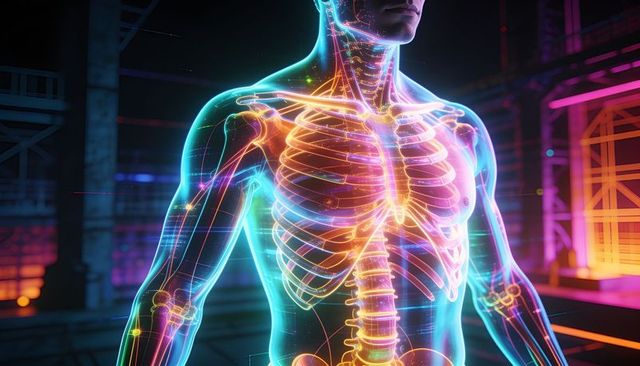 Holographic male torso displaying neon ribcage, spine and neural network in futuristic lab