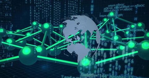 Global digital network mesh connecting neon nodes and streaming code over virtual globe