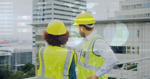 Engineers inspecting rooftop with digital data overlays for urban construction planning