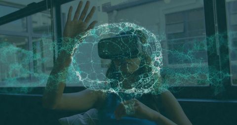 Woman Interacting with VR Technology and Digital Brain Hologram