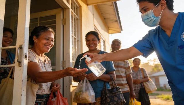 Masked healthcare worker dispensing hand sanitizer to smiling community members at doorway