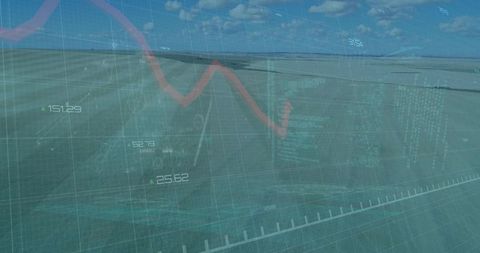 Runway HUD Data Visualization with Teal Grid and Red Trend Line over Open Airstrip Horizon
