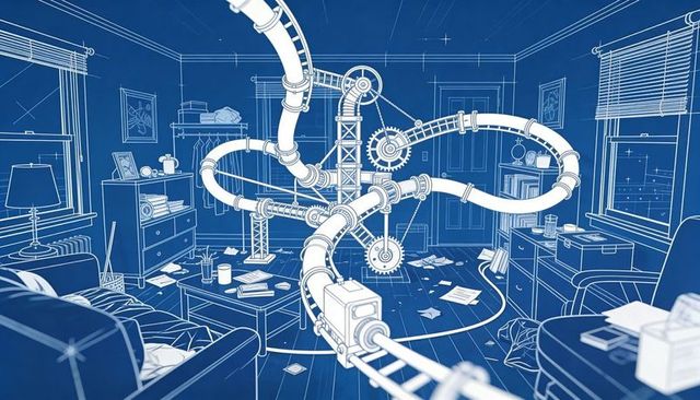 Blueprint tubular rail system weaving through cluttered living room with gears