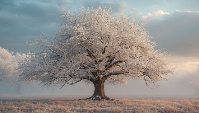 Solitary frost-covered tree in misty winter landscape