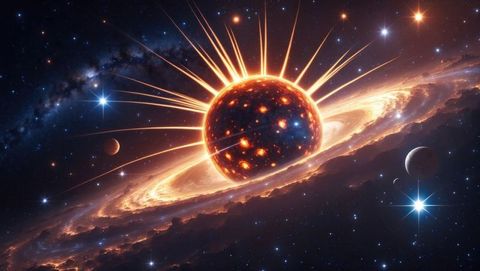 Glowing Celestial Body with Orbital Planets and Galactic Background