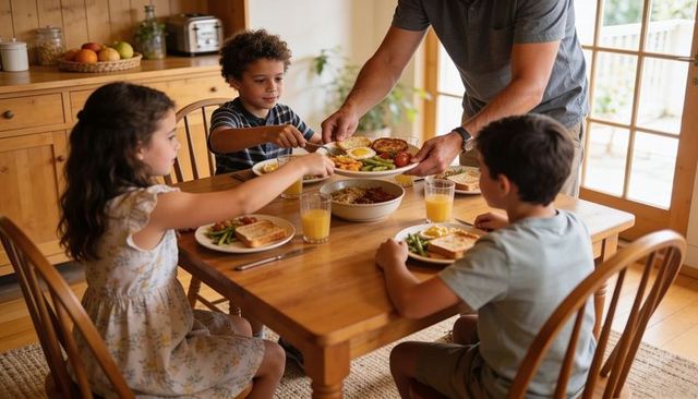 Father serving breakfast to three children at wooden dining table in warm sunlit kitchen