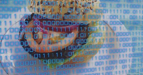 Cyber king glitch portrait with binary code overlay, gold crown, emerald robe and halo