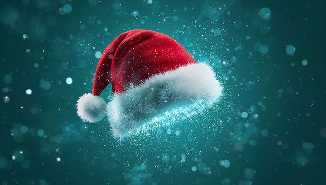 Floating Santa Hat Emitting Blue Sparkle and Frosty Fur Trim for Festive Holiday Campaigns