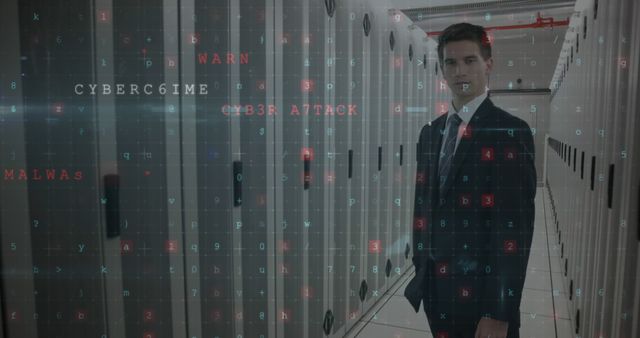 Businessman standing in a server room with holographic warnings about cybercrime and cyber attacks. Useful for topics related to cybersecurity, data protection, IT, technology solutions, and digital safety initiatives.
